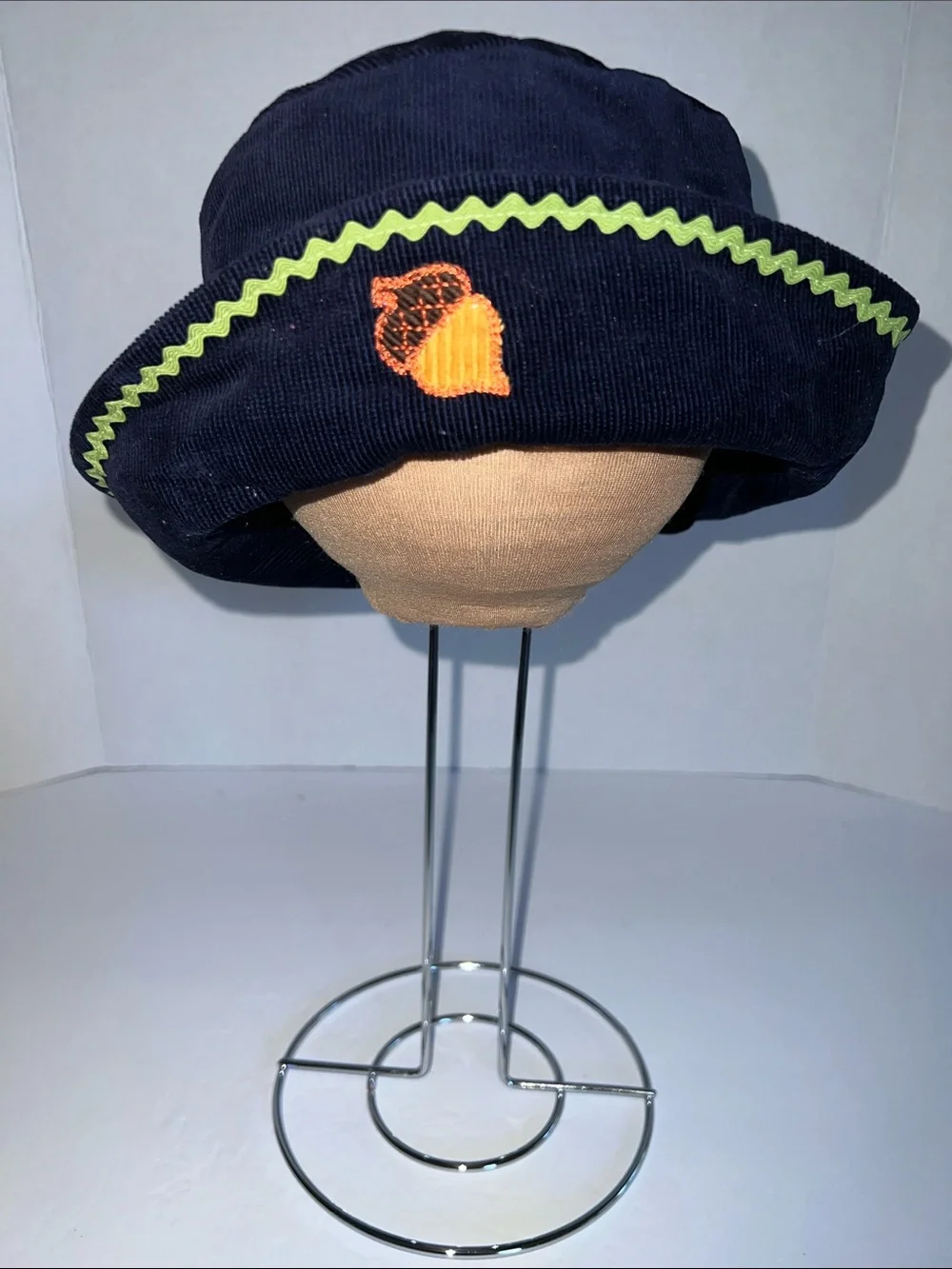Vintage Kids Navy Corduroy Bucket Hat with Lime Zigzag and Orange Acorn